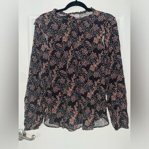 LOFT Black Floral Tie-Neck Blouse with Pink Accents